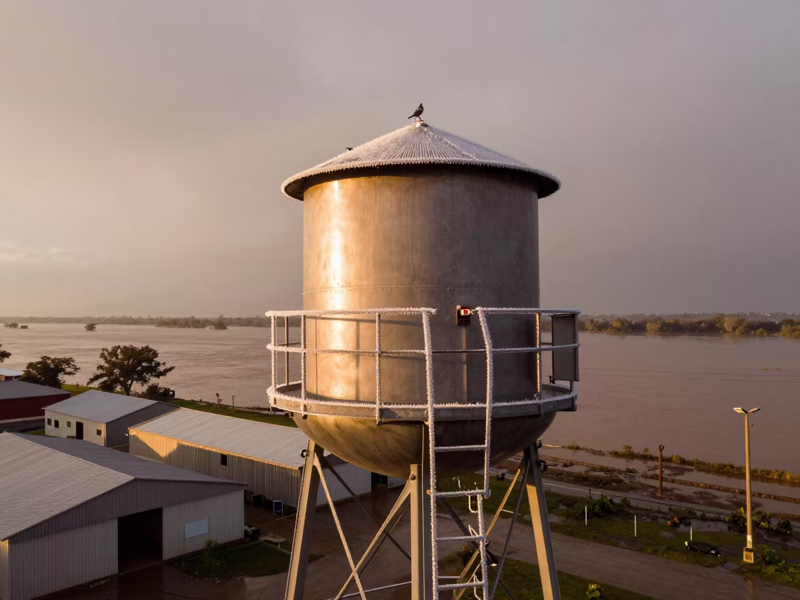 Frost Rimed Ladder on Water Tower Above Flood in along a levee path above floodwater near Santa Teresa del Tuy