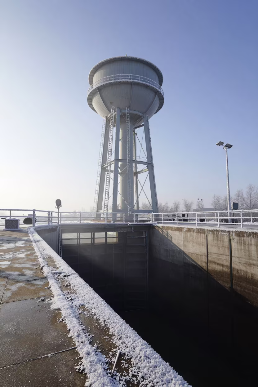 Frost Rimed Ladder on Water Tower Moldova in at a canal lock chamber in Moldova