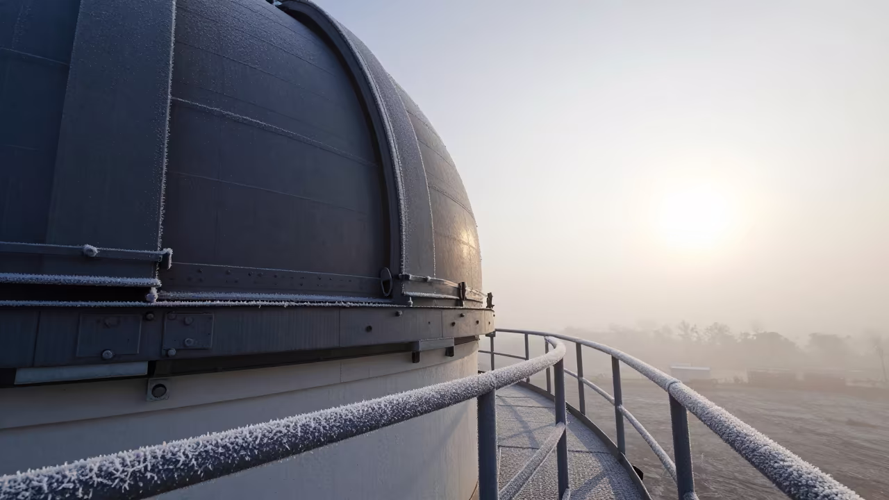 Frost-Rimed Observatory Catwalk at Dawn in beside an observatory dome in Uttar Pradesh