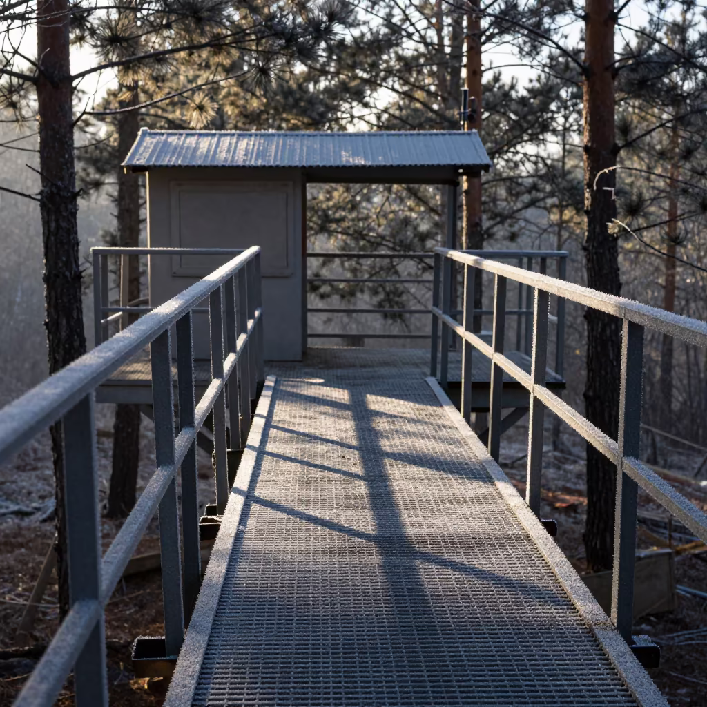 Frost Rimed Observatory Catwalk in Early Winter Light in on a wind-scoured research platform in Manipur