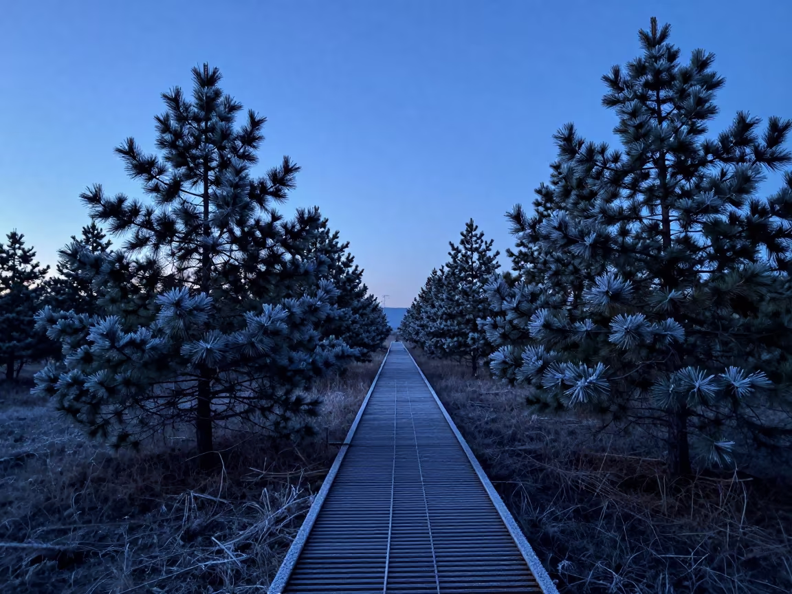 Frost Rimed Observatory Catwalk Over Sleeping Pines in beside a tidal survey transect in Inner Mongolia