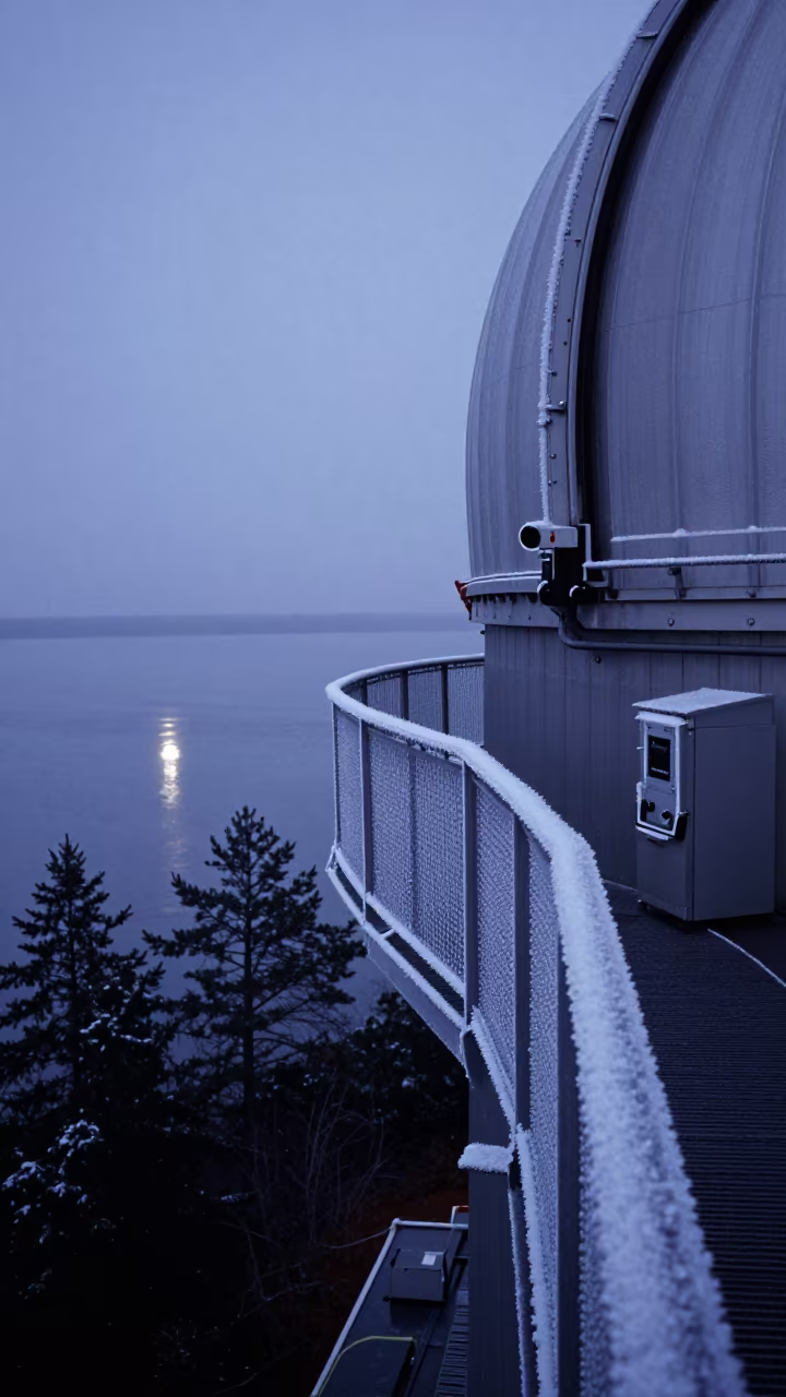 Frost Rimed Observatory Catwalk Above Sleeping Pines in near a weather balloon launch site near Omdurman