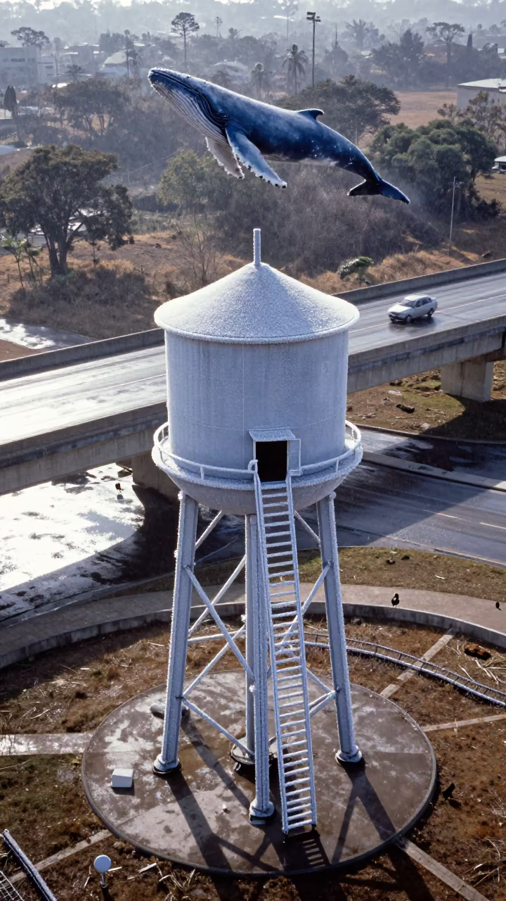 Frost Rimed Water Tower Ladder Over Goiania Interchange in across a windy overpass interchange in Goiania