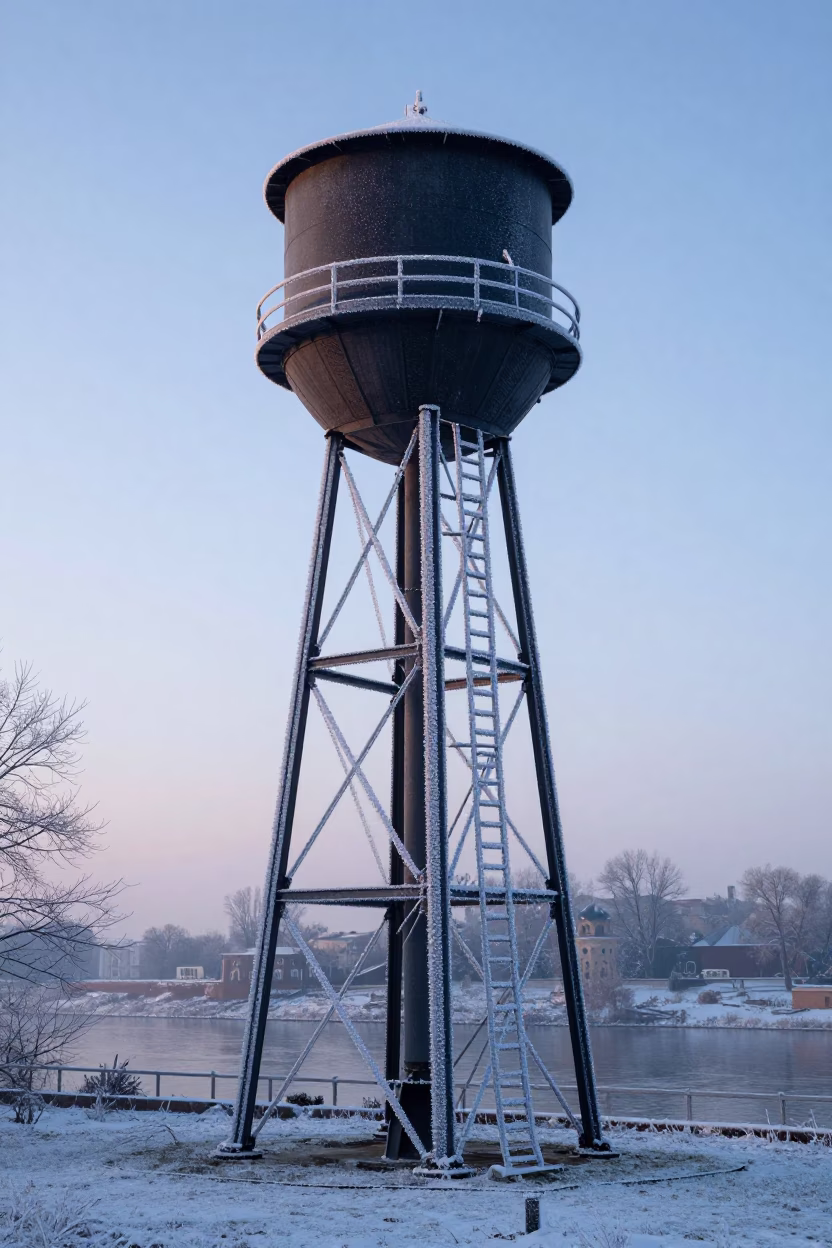 Frost rimed water tower ladder in pre-dawn Krakow Poland winter morning in in Krakow, Poland