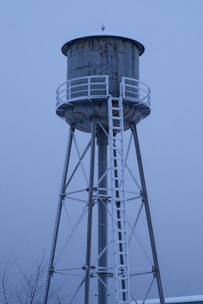 Frost Rimed Water Tower Ladder in Pre-Dawn Sapporo Winter Morning in in Sapporo, Japan