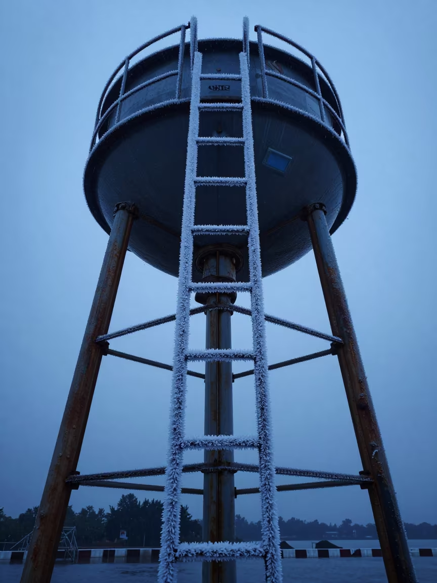 Frost Rimmed Ladder on Goa Water Tower in beside a storm surge barrier in Goa