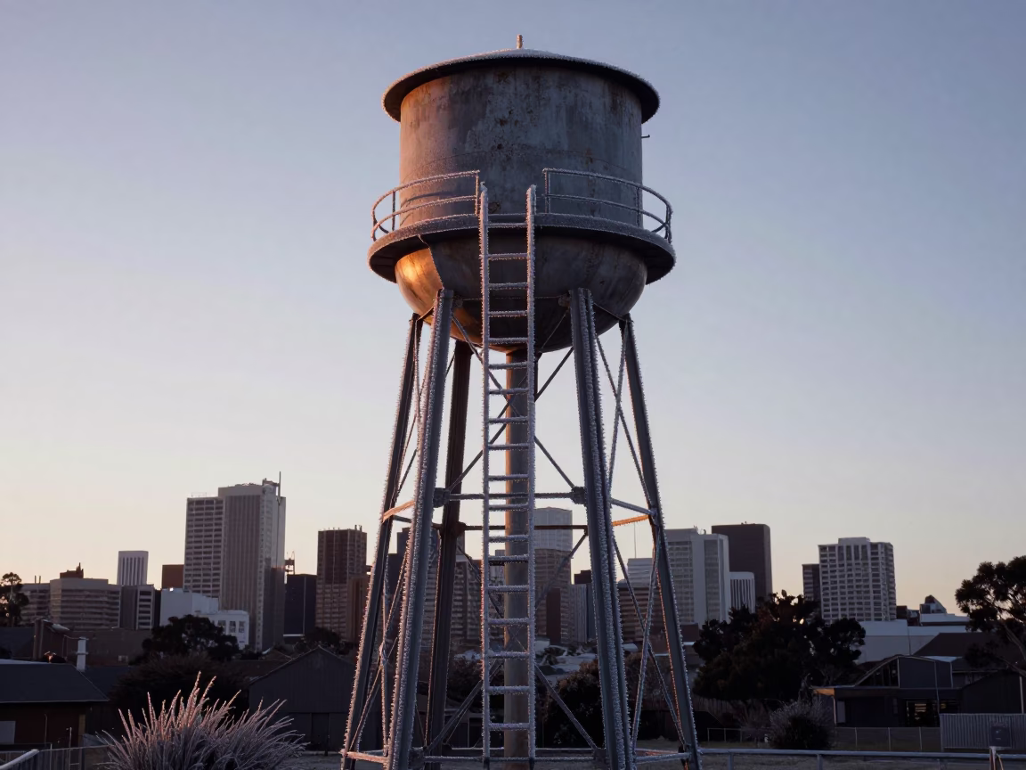 Frost Rims Water Tower Ladder in Sydney Before Sunrise in in Sydney, New South Wales, Australia