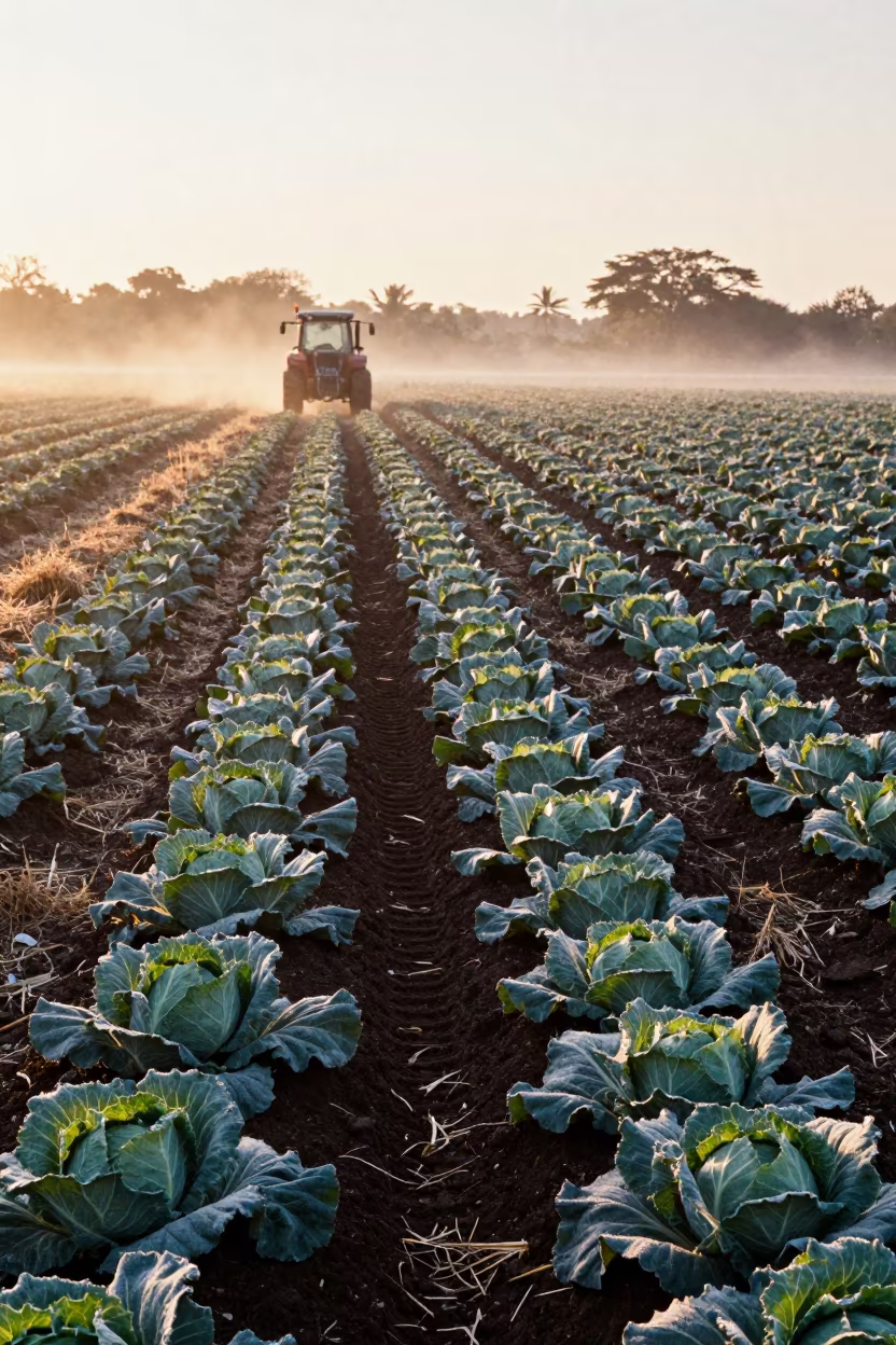 Frost-Silvered Cabbage Furrow Beside Belize Tractor Track in beside a tractor track through dark soil in Belize