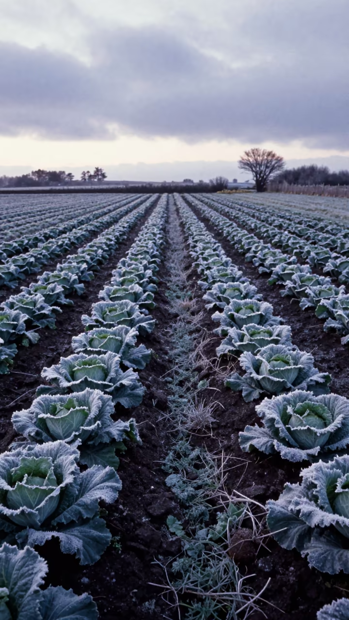 Frost-Silvered Cabbage Furrows in Winter Dawn in along freshly irrigated rows in Northern Ireland