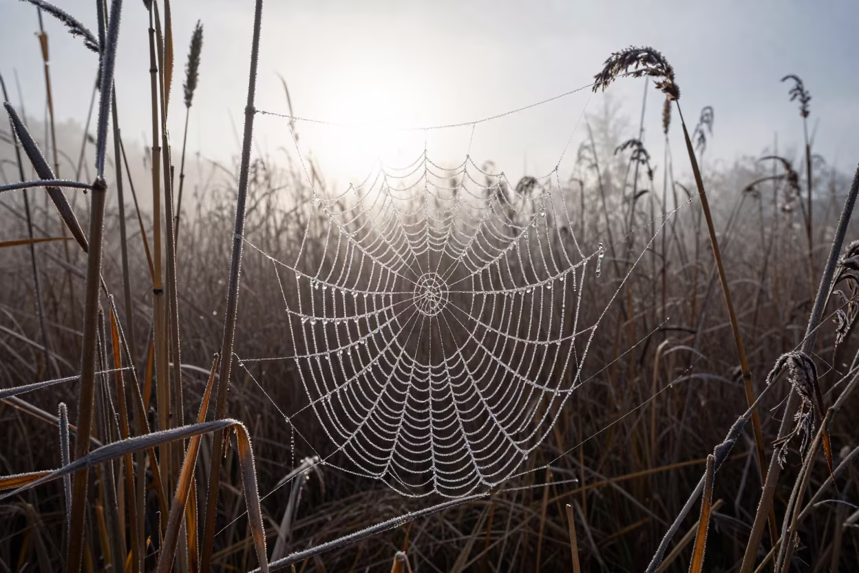 Frost Spider Web Dawn Santa Fe Monsoon in at the edge of a reed bed near Santa Fe