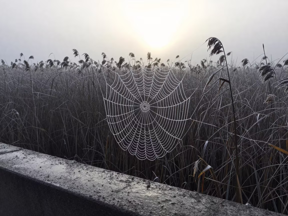 Frost Spider Web with Upward Rain at Dawn in at the edge of a reed bed near Santiago