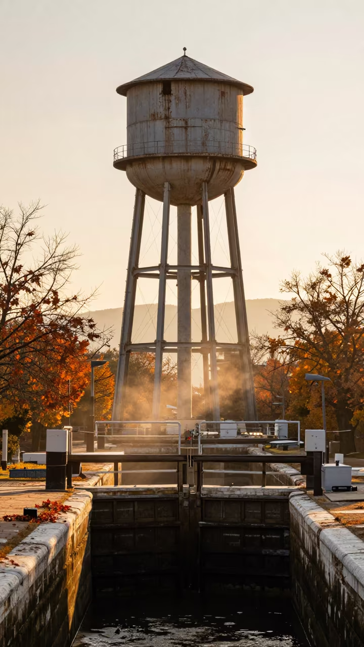 Frost-Split Water Tower at Athens Canal Lock in at a canal lock chamber near Athens