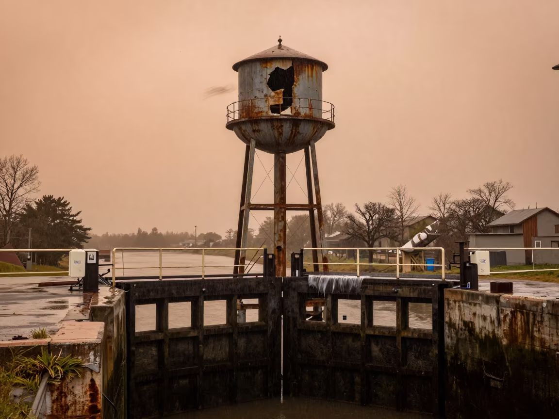 Frost-Split Water Tower at Canal Lock Callao in at a canal lock chamber near Callao