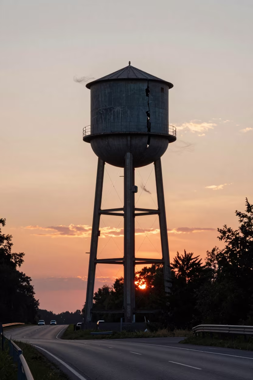 Frost Split Water Tower Sunset Latvia in across a windy overpass interchange in Latvia