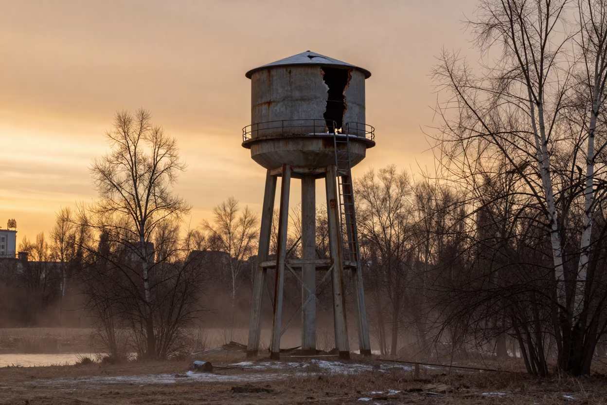 Frost Split Water Tower Sunset Patriarch Ponds Moscow in beside a water tower ladder in Patriarch Ponds, Moscow