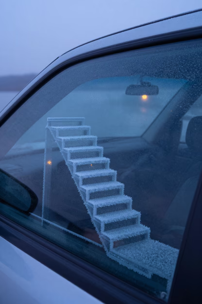 Frost Staircase on Twilight Car Window in beside a fogbound harbor mouth in Guizhou