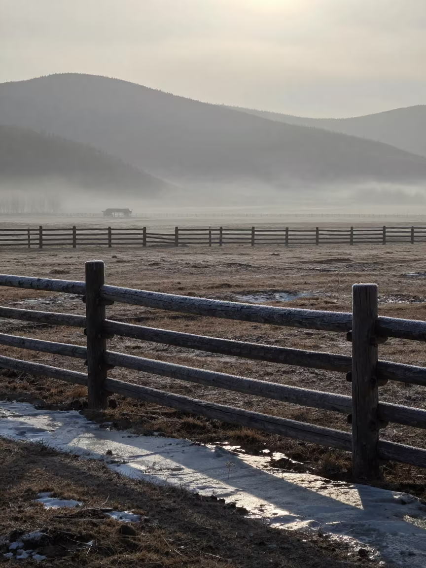 Frost Striped Horse Fence Tibet Dawn Mist in beside a pasture gate in Tibet
