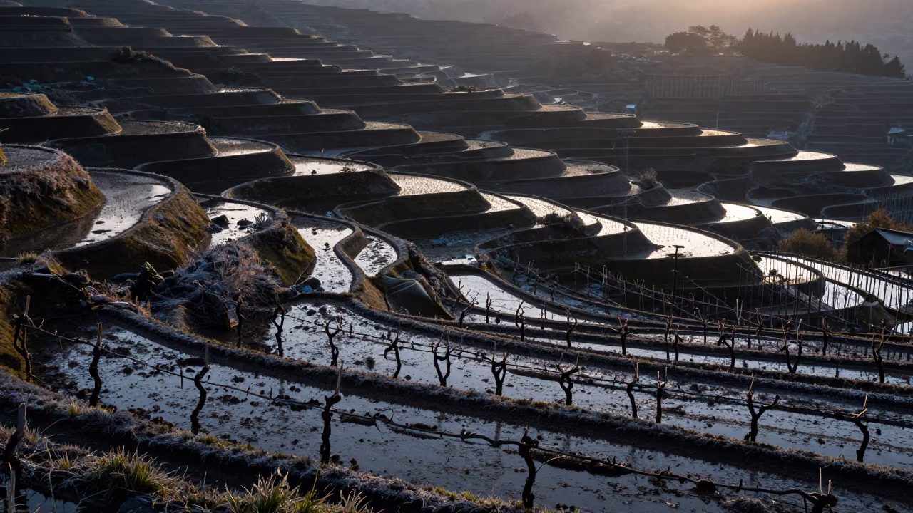 Frost Striped Vineyard Rows Before Sunrise in among terraced rice paddies in San Francisco