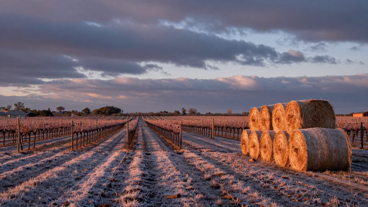 Frost Striped Vineyard Rows Florida Dusk in beside stacked hay bales in Florida