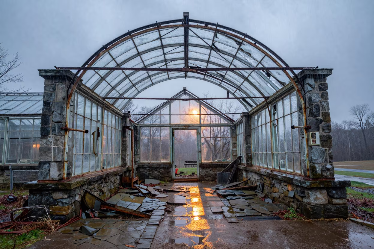 Frost on Glass in Vermont Manor Greenhouse in beneath a broken stone arch in Vermont