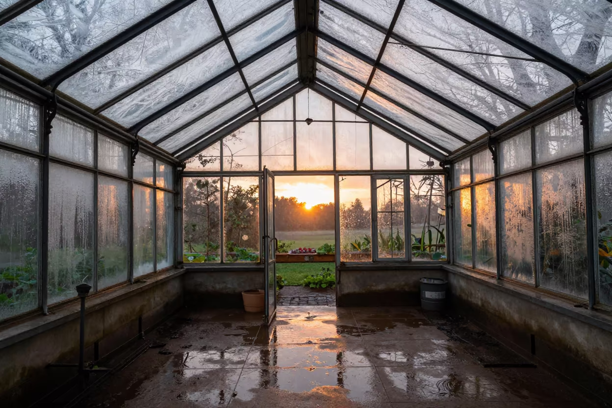 Frost on Victorian Greenhouse Glass Sunset Catia La Mar in inside a humid greenhouse aisle near Catia La Mar