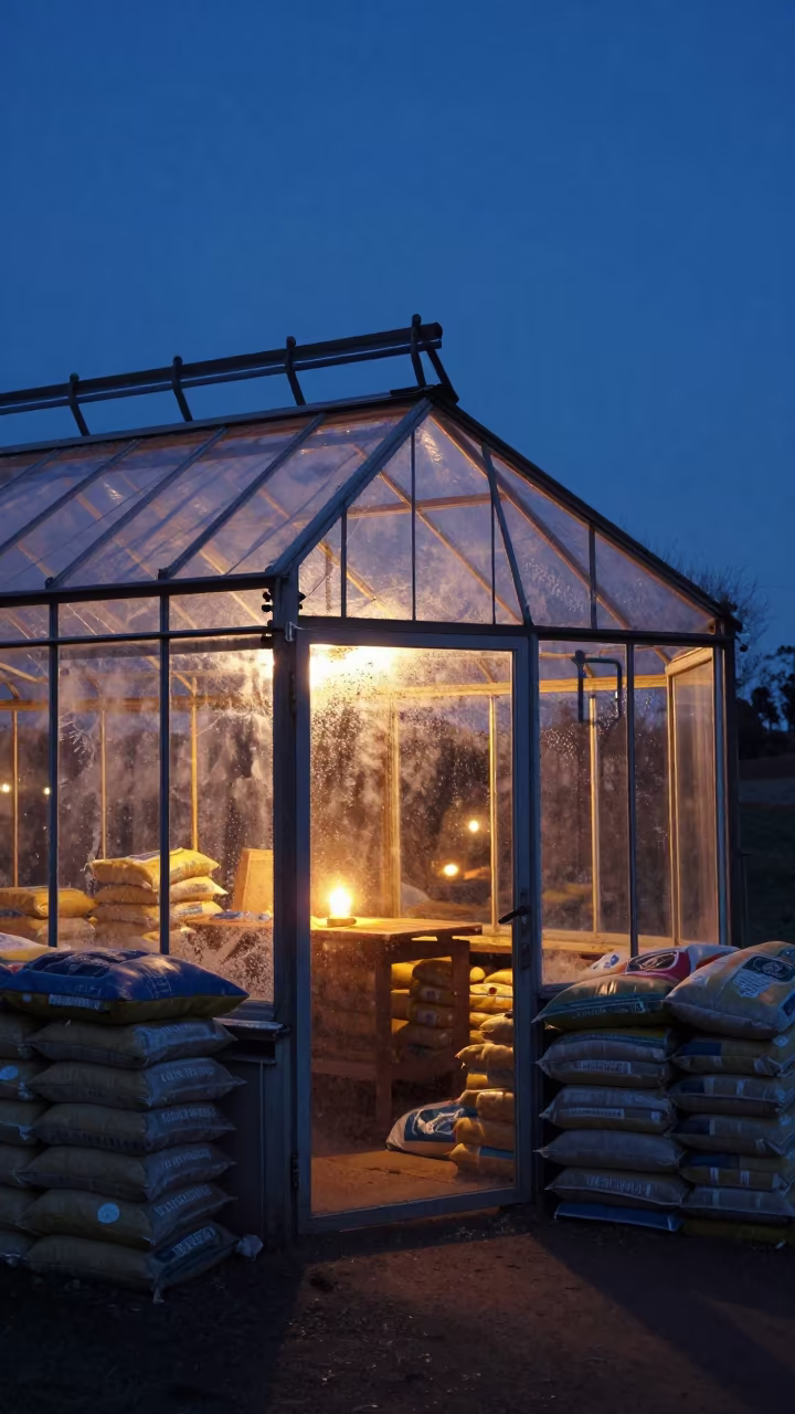 Frost Covered Victorian Greenhouse in Tanzanian Shed in inside a machine shed with seed bags stacked high in Tanzania