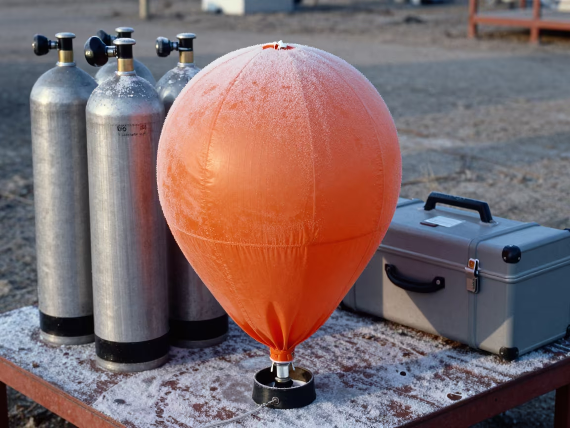 Frost on Weather Balloon Tarp Near Helium Cylinders in on a wind-scoured research platform near Mohali
