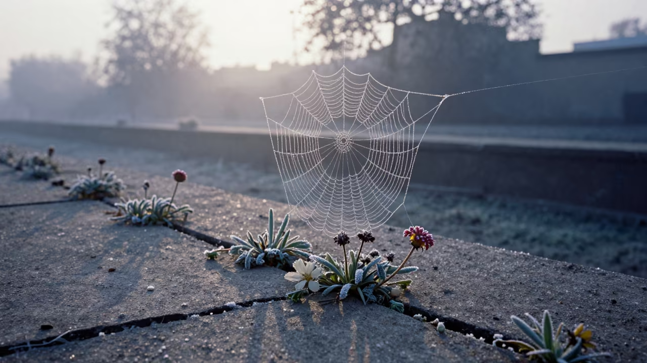 Frost Web Glinting Over Concrete Flowers at Dawn in near Aligarh