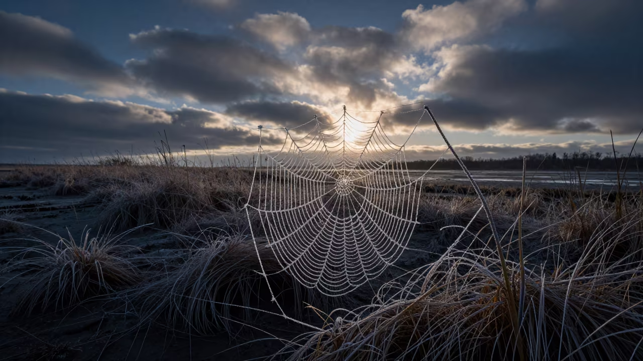 Frost Web Glinting at Dawn Tidal Inlet in beside a tidal inlet in Indiana