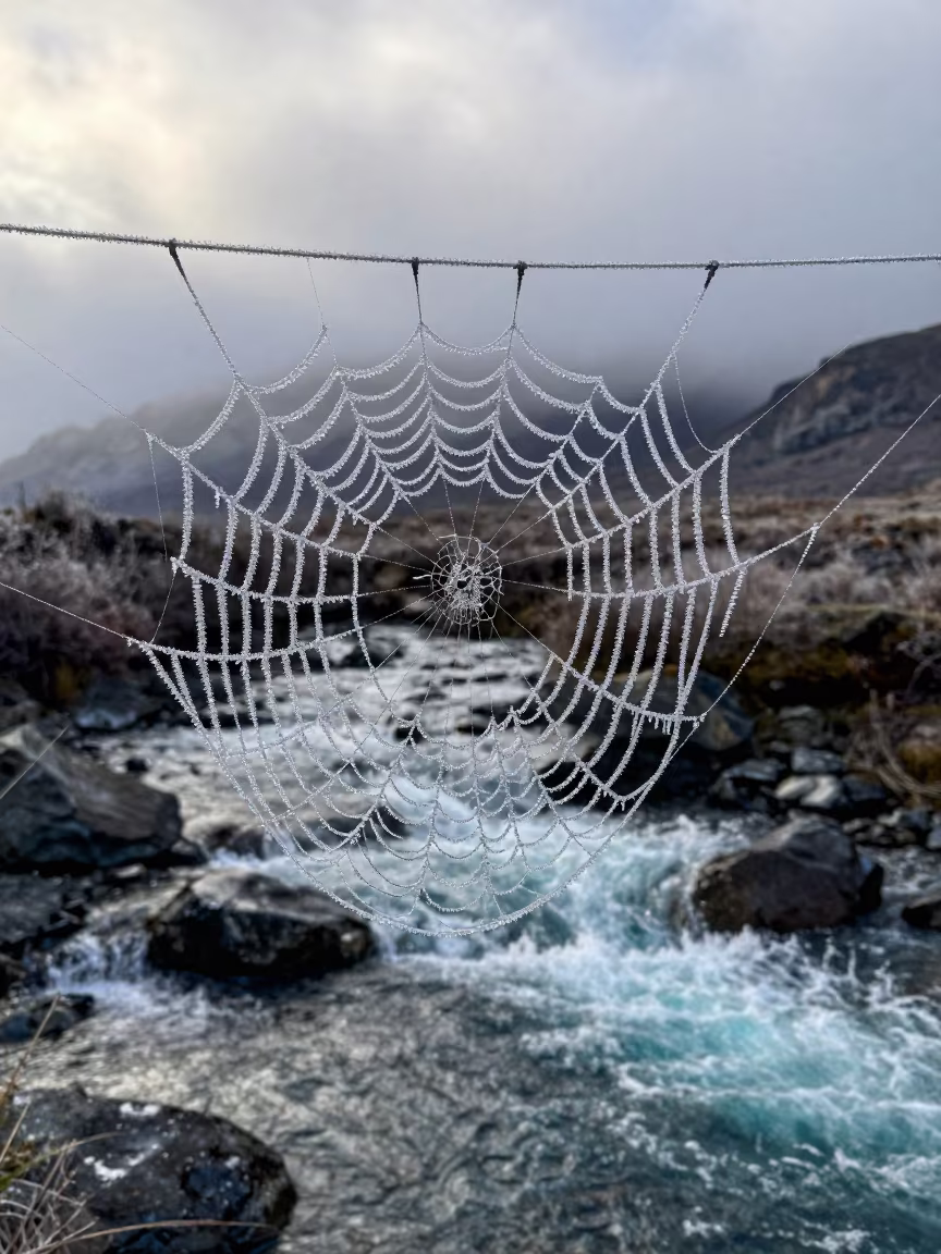 Frost Web Glinting Over Glacial Stream at Dawn in above a glacial stream near Fortaleza