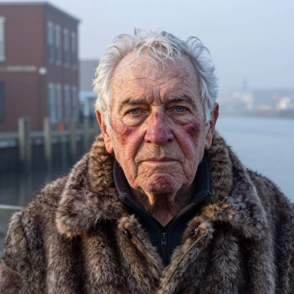 Frostbite Marks Blue Eyes Trapper New Orleans in at a harbor edge in Mid-City, New Orleans