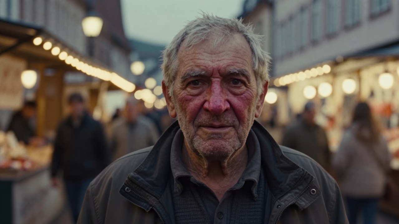 Frostbitten Nose in Heidelberg Night Market in along a market lane in Heidelberg