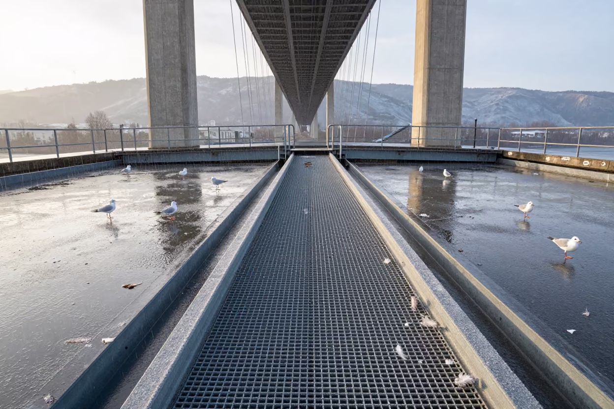 Frosted Catwalk and Gull Feathers Under Bridge in under a cable-stayed bridge span near Adana