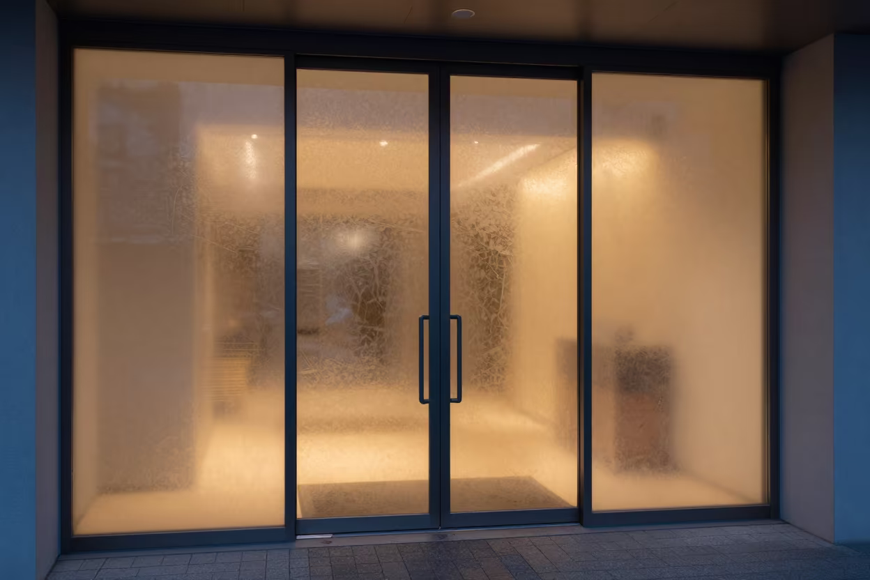 Frosted Glass Light Patterns Tokyo Twilight in inside a skylit passageway in Tokyo