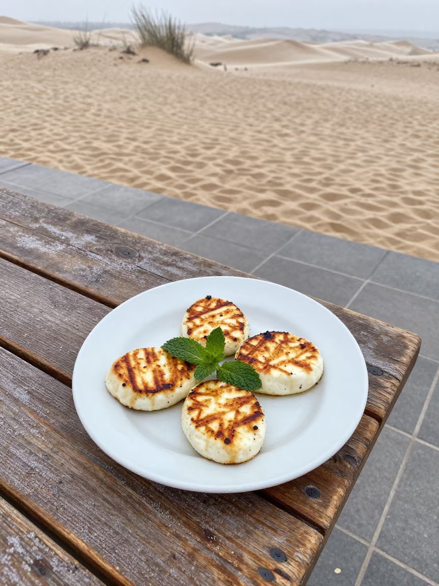 Frosted Halloumi Mint Plate Over Desert Dunes in on a weathered outdoor table near Hermosillo