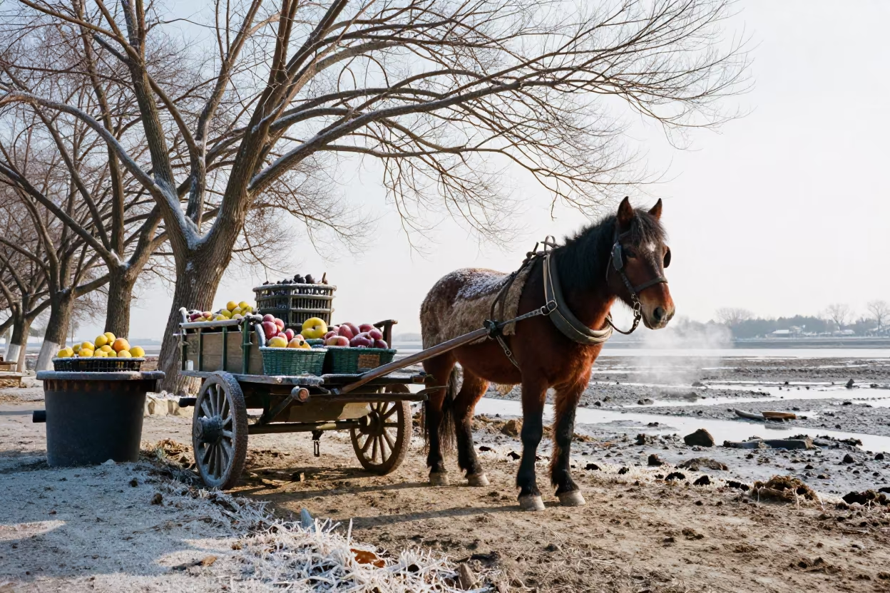 Frosted Horse Wagon at Suzhou Winter Fruit Stand in beside a tidal inlet near Suzhou