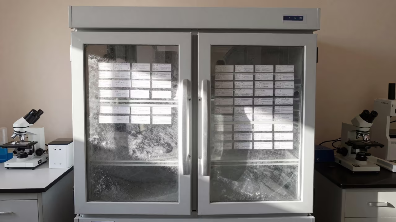 Frosted Lab Freezer Door With Inventory Cards in at a microscopy bench in Mukalla