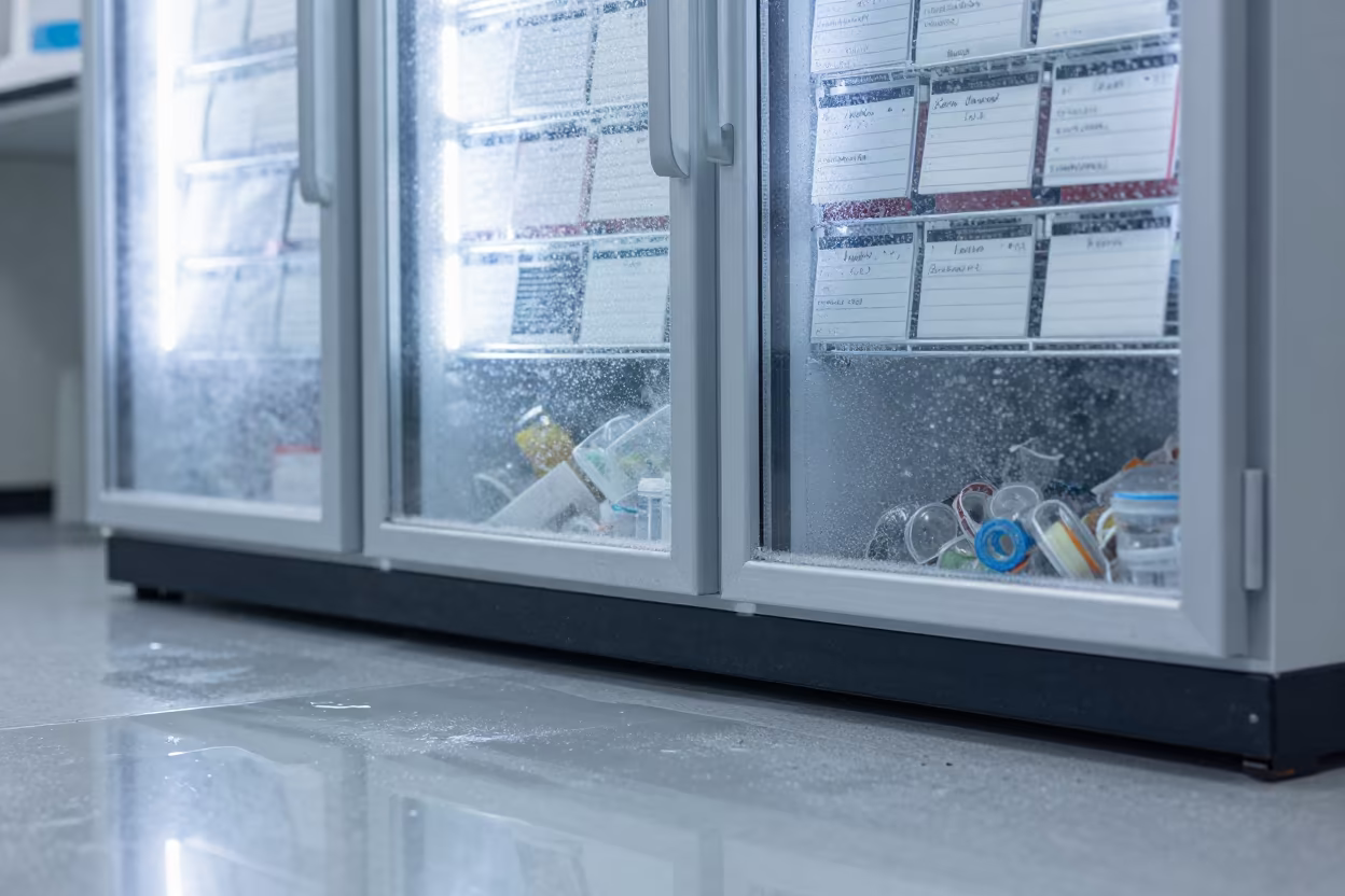 Frosted Lab Freezer Over Reflective Water Archive in in a specimen archive room in Man