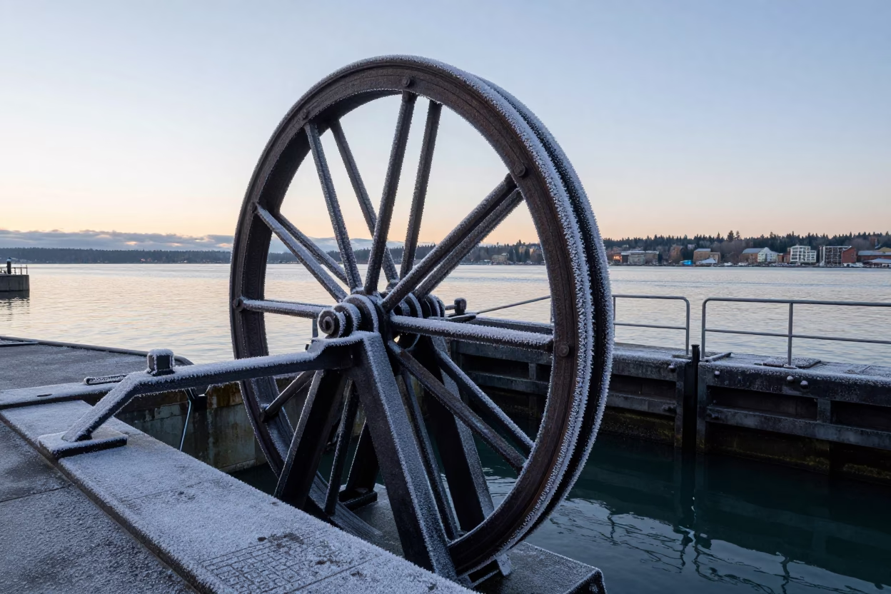 Frosted Sluice Gate Wheel at Seattle Waterfront Before Dawn in in Seattle, Washington, United States