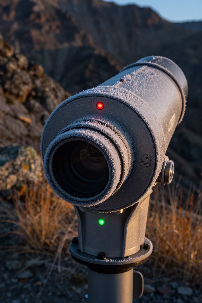 Frosted Telescope Eyepiece at Almaty Dawn in beside a tidal survey transect near Almaty