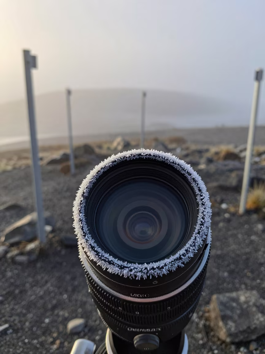 Frosted Telescope Eyepiece at Dawn in Ecuador in beside a tidal survey transect in Ecuador
