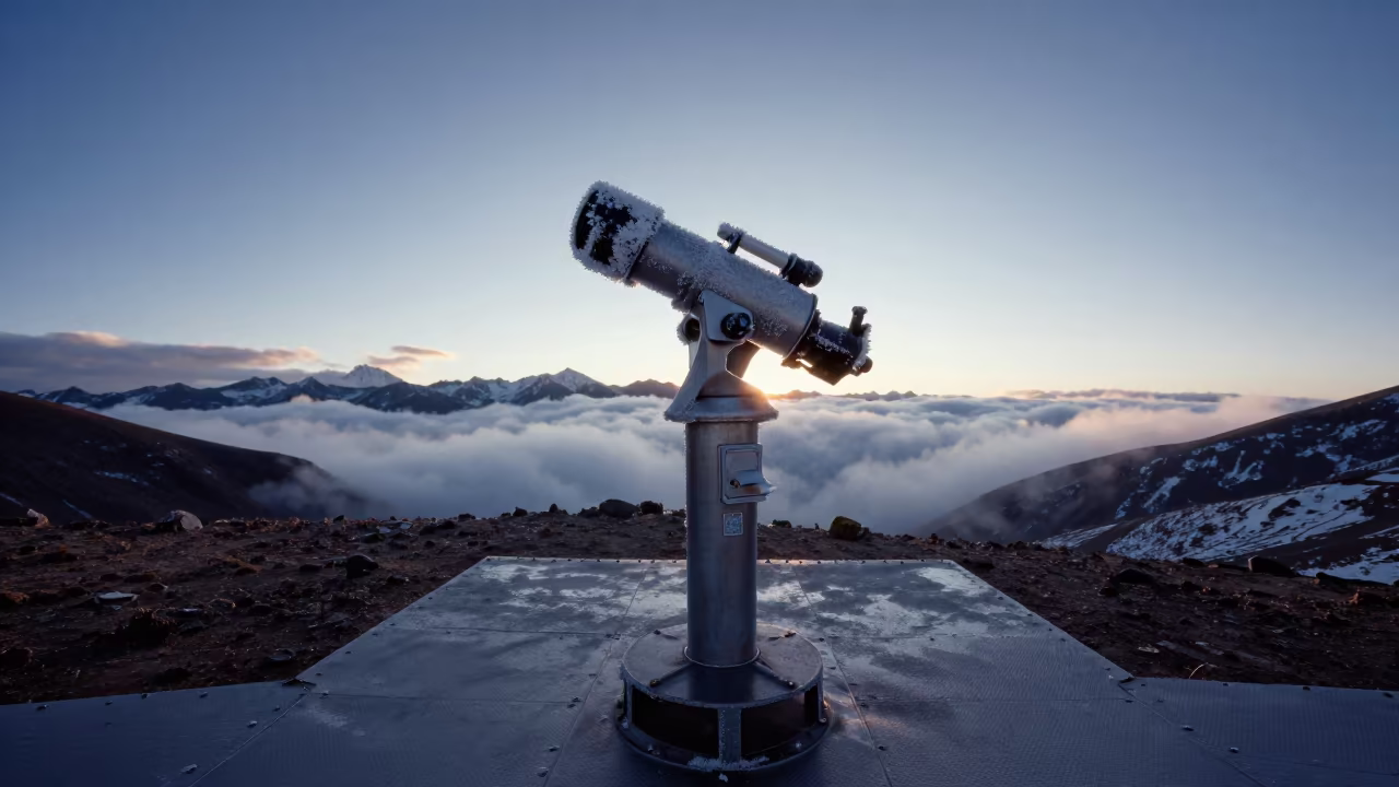 Frosted Telescope Eyepiece at Dawn in on a wind-scoured research platform in Tibet