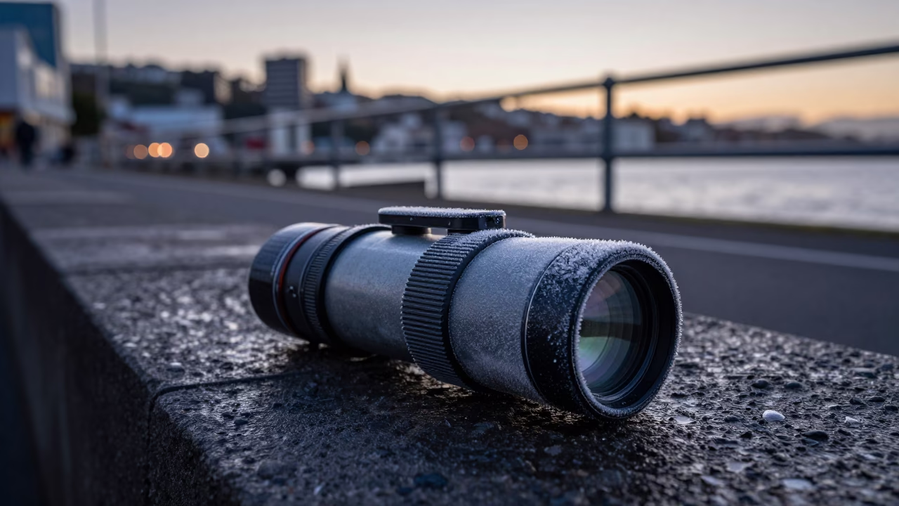 Frosted Telescope Eyepiece in Predawn Wellington New Zealand Street Scene in in Wellington, New Zealand