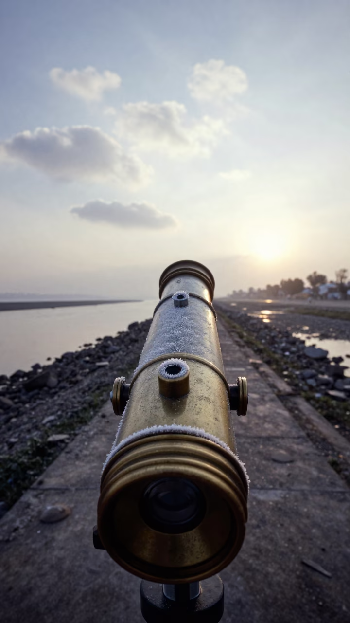 Frosted Telescope Eyepiece Predawn Mountain Haze in beside a tidal survey transect near Ason, Kathmandu