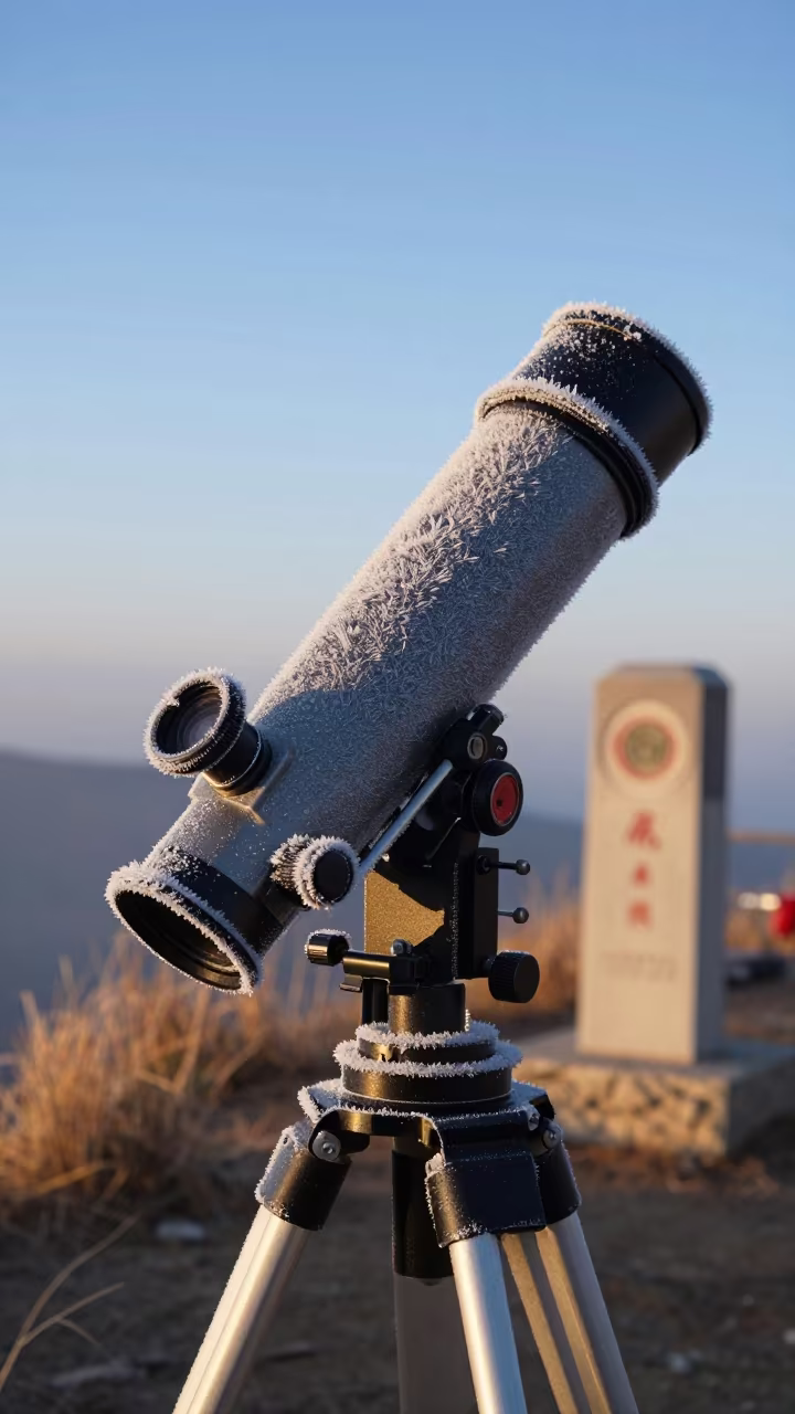 Frosted Telescope Eyepiece at Thimphu Dawn in beside a tidal survey transect in Thimphu