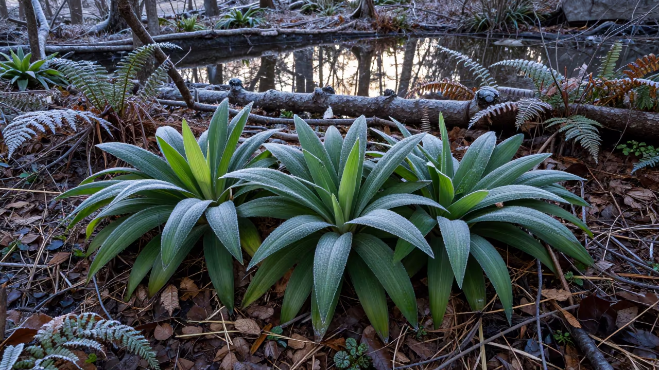 Frosted Turmeric Leaves on Korean Forest Floor in on a fern-lined forest floor in South Korea
