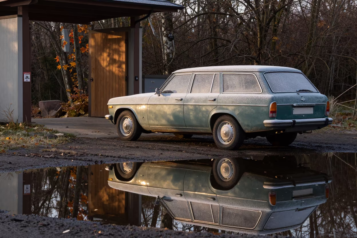 Frosted Vintage Station Wagon at Park Entrance in near Kut