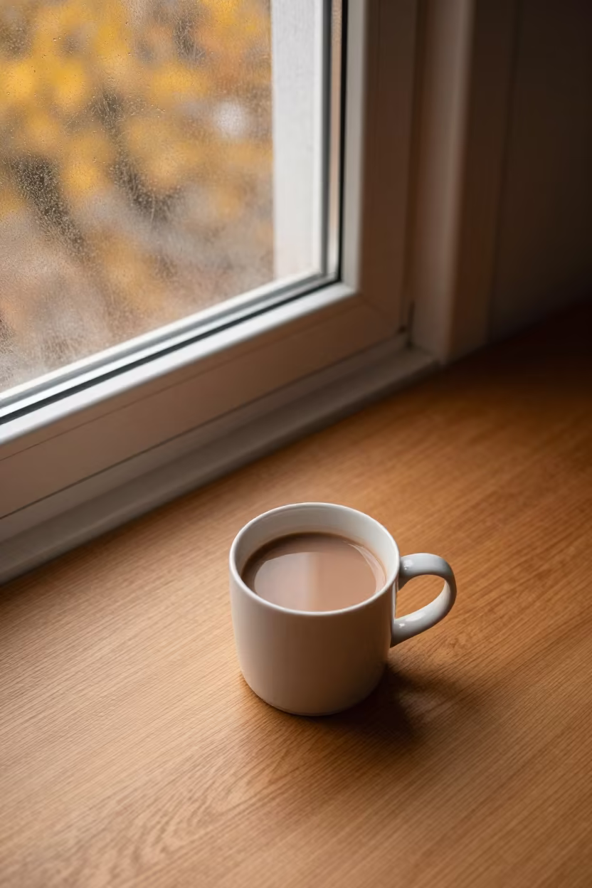 Frosted Window Cocoa Mug Autumn Kitchen in in a cozy kitchen in Chongqing