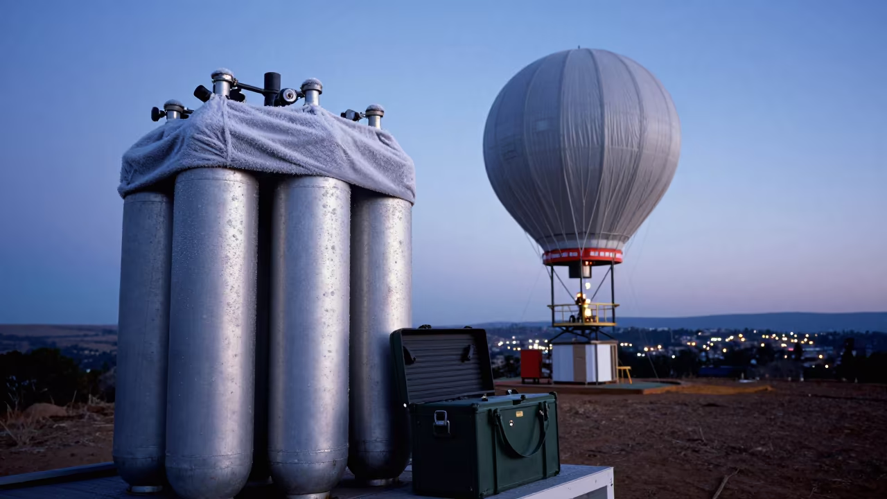 Frosty Balloon Launch Gear in Eswatini Blue Hour in on a wind-scoured research platform in Eswatini