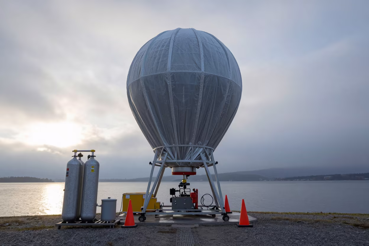 Frosty Balloon Launch Tarp and Cylinders in Austria in on a wind-scoured research platform in Austria